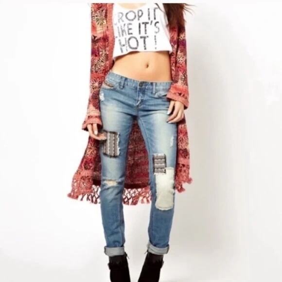 Free People Distressed Skinny Jeans with Baja / Aztec Patches - Picture 7 of 7